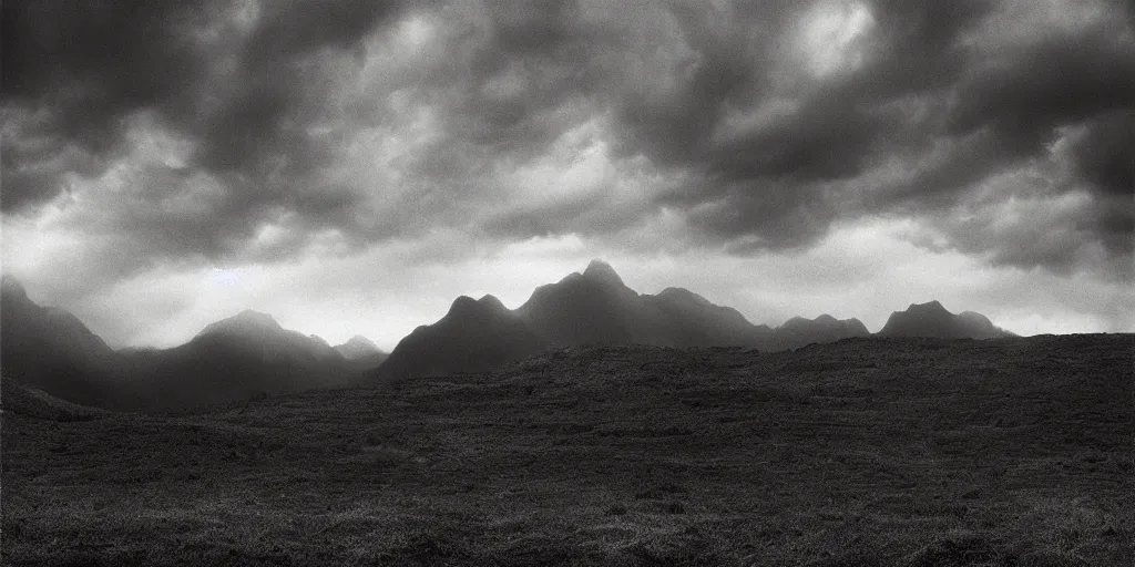 Prompt: landscape photography by michael kenna psychedelic, tall mountains, dramatic lighting, raining, colourful, stunning