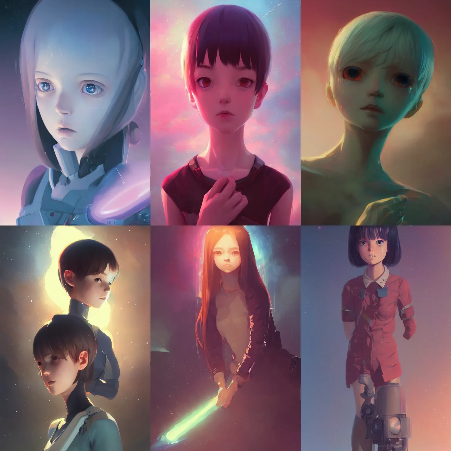 Prompt: a portrait of a cute young alien, sci-fi setting, vivid colors, soft lighting, atmospheric, cinematic, moody, in the style of Ilya Kuvshinov and Range Murata, Krenz Cushart, rule of thirds, oil on canvas, 8k