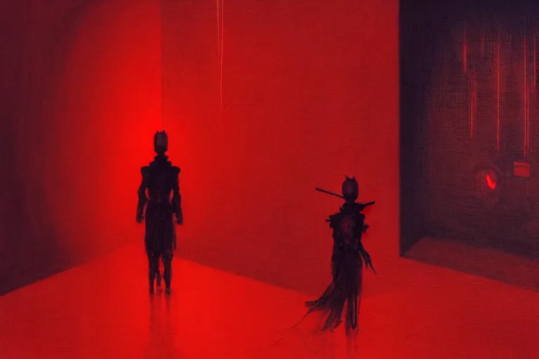 Image similar to only with red, a red samurai humanoid, tokio futuristic in background, some evil yokai, in the style of beksinski, parts by edward hopper, parts by rodcenko, parts by yue minjun, intricate and epic composition, red by caravaggio, insanely quality, highly detailed, masterpiece, red light, artstation, 4 k