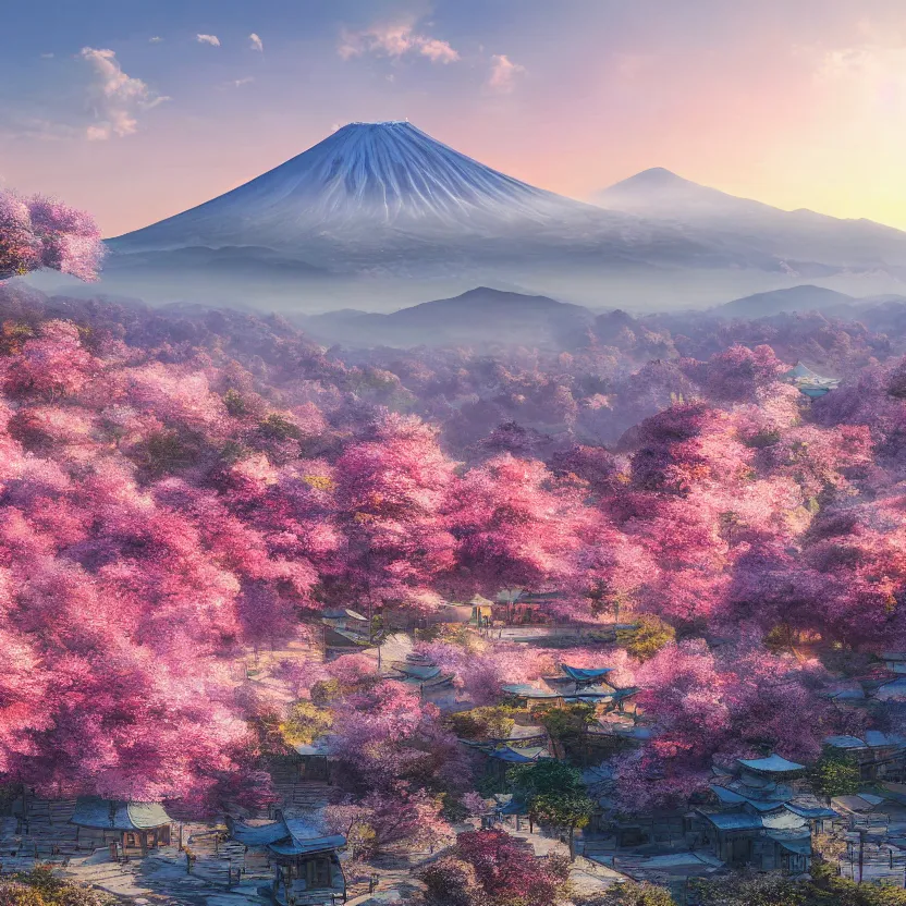 Image similar to old empty samurai city surrounded by sakura trees, beautiful valley and mountains with forest, sunrise on fuji, hyperrealism, matte painting, digital art, artistation