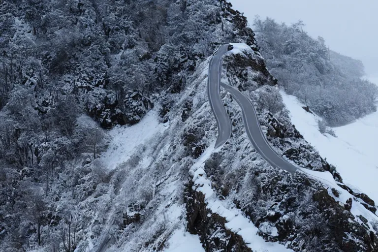 Prompt: a dangerous winding road route on an icy snowy cliff edge, blizzard, photo