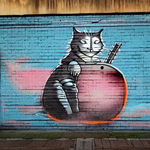 Prompt: samurai cat playing futuristic synth, street art