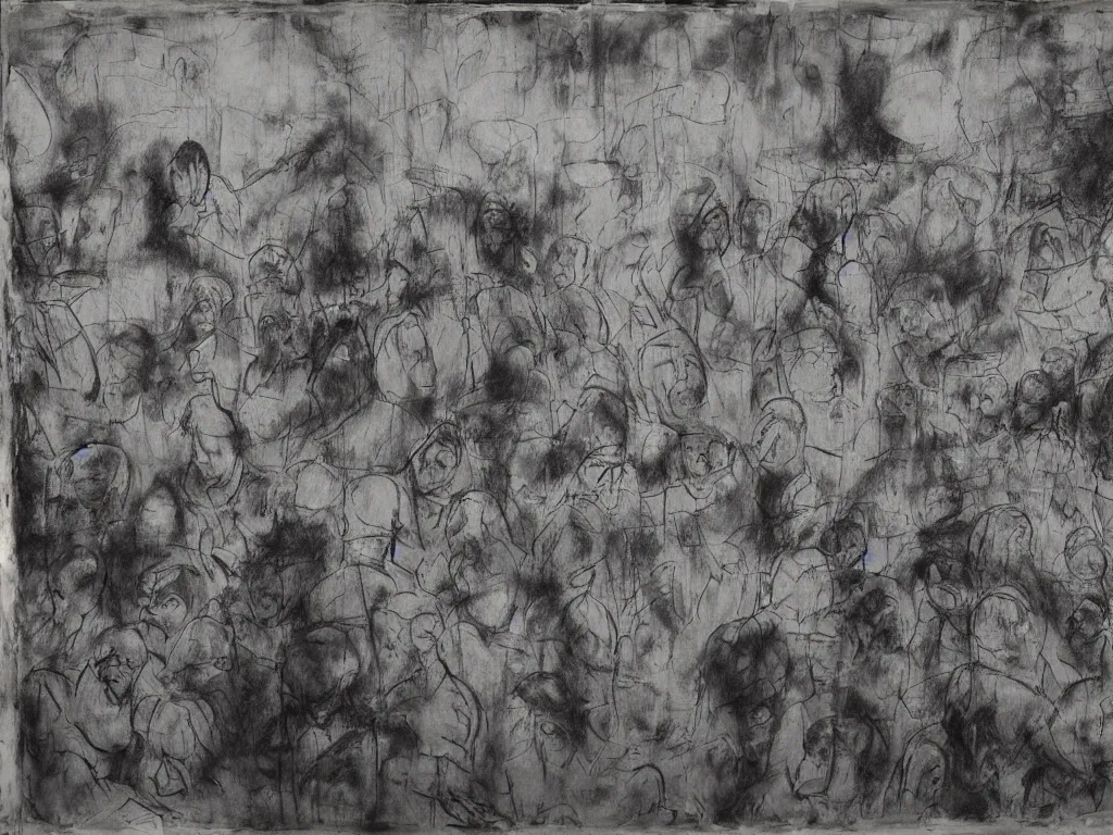 Image similar to “A spectral archive of an interrogation room in Guantanamo Bay detention center with military men and women facing, surrounding detainees, expressionist maleficent atmosphere, drawings on dirty walls, slack of papers, photographs hanging on a board, injustice, depredation, depravation, redacted, highly detailed, texturized, raw footage”