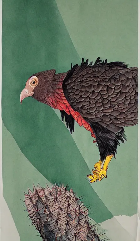 Prompt: Shen Quan's 'turkey vulture on cactus', hanging scroll, ink and colours on silk