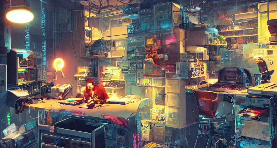 Prompt: IKEA catalogue photo of a cyberpunk bureau gamer, by Paul Lehr