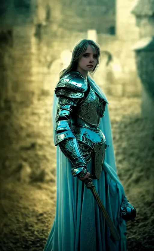 Image similar to angel, low key light, full plate armor with cloth, f 2. 8, bokeh, medium portrait, gentle, female, dark ruins, landscape, d & d, fantasy, intricate, elegant, highly detailed, teal white gold color palette, roger deakins, sharp focus, greg rutkowski and alphonse mucha