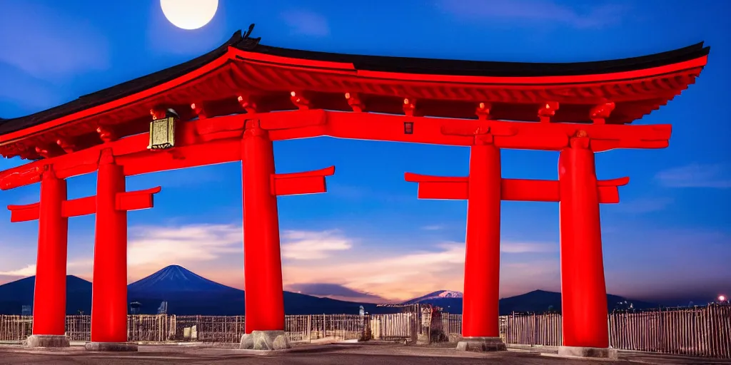 Prompt: A night photo of a american yellow school bus entering a Red Japanese Torii gate at Mount Fuji location in Japan, time travel, 4K, global illumination, ray tracing, octane render