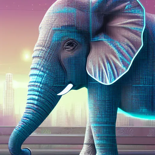 Prompt: hyper realistic futuristic cybertronic elephant. high details of body and face. complex realistic mechanical body. blue led. retro futuristic background cyberpunk style, natural realistic render, trending on art station, 8 k render alan lee, by artgerm.