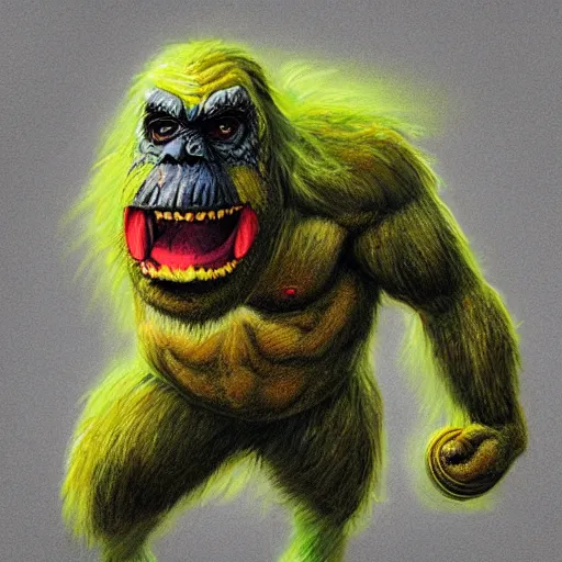 Image similar to a tennis ball monster ,tennis ball, king kong, chalk digital art, fantasy, magic, trending on artstation, ultra detailed, professional illustration by Basil Gogos