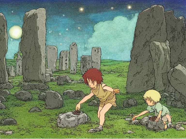 Prompt: cell shaded studio ghibli movie still fantasy concept art of a kid playing with stones like they are toys in stonehenge. it is a misty starry night. by rebecca guay, michael kaluta, charles vess