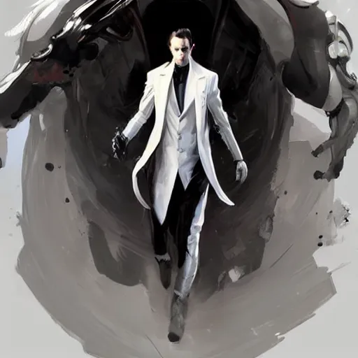 Image similar to full body portrait of a male character in sleek clothes, in a futuristic flowing white tailcoat, wearing a white mask with five round lenses for eyes, many eyes, dramatic lighting, illustration by Greg rutkowski, yoji shinkawa, 4k, digital art, concept art, trending on artstation