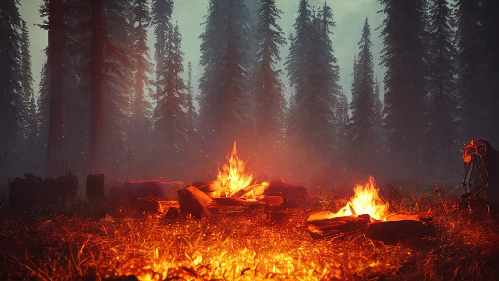 Image similar to beautiful closeup render of a campfire, unreal engine, smoke, sparks, night, soft light, forest, hut, camp, aurora by greg rutkowski, cgsociety