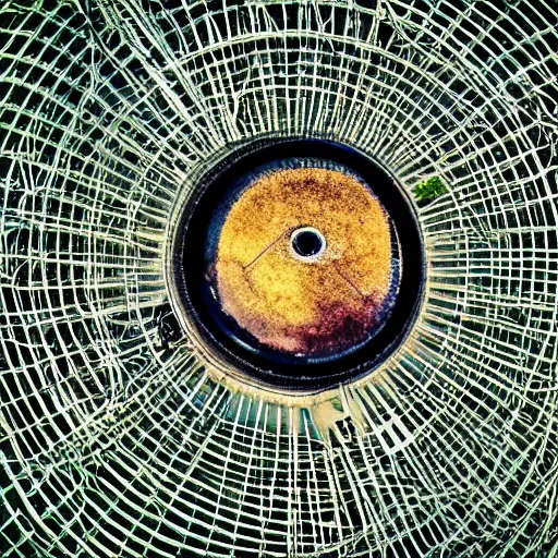 Image similar to a rollercoaster, tracks of barbed wire, birds eye view, hyperrealistic, fisheye