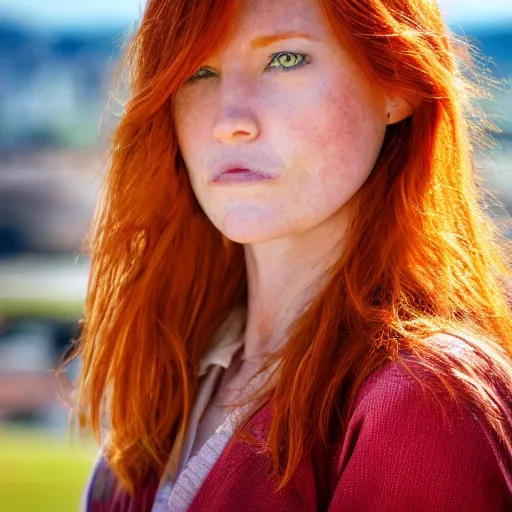 Prompt: close up photo of the left side of the face of a redhead woman with blue eyes who looks directly at the camera. Slightly open mouth, with a park visible in the background. 135mm nikon. Intricate. Very detailed 8k. Sharp. Cinematic post-processing.