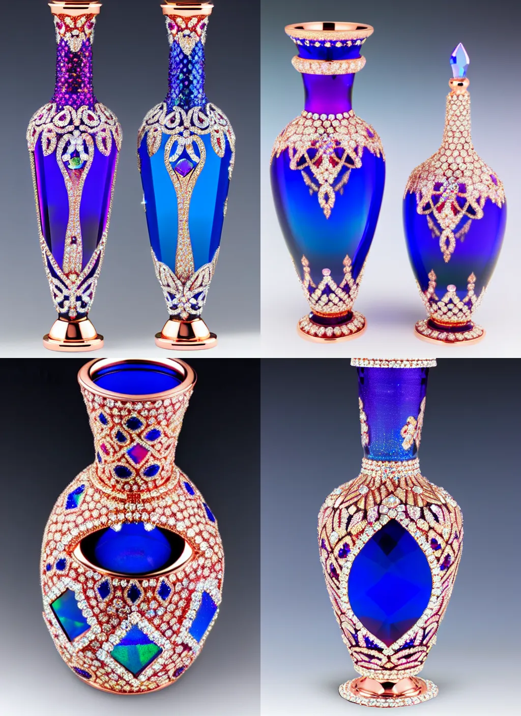 Prompt: elaborate swarovski crystal faberge vases cobalt carnival and rose gold diamonds opals rubies, 4 k, reflections