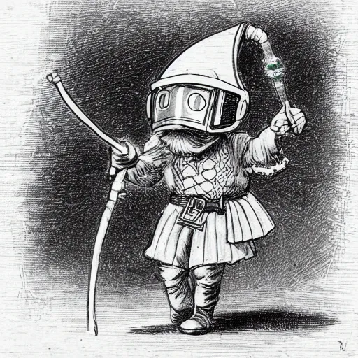 Image similar to sketch of a cute chibi dnd gnome inventor tinkerer wearing a daft punk helmet, walking cautiously, etching by louis le breton, 1 8 6 9, 1 2 0 0 dpi scan