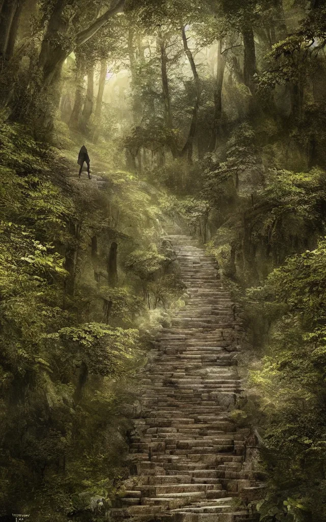 Image similar to ! a person walking up a set of stairs in the woods!, the journey of life, each stage is a step in a stairway, detailed, 4 k, octane, a detailed matte painting by huang ding, cgsociety, fantasy art, mystical, mist, warm tones