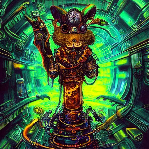 Image similar to steampunk rat, acid, 303, psychedelic, by paul lehr