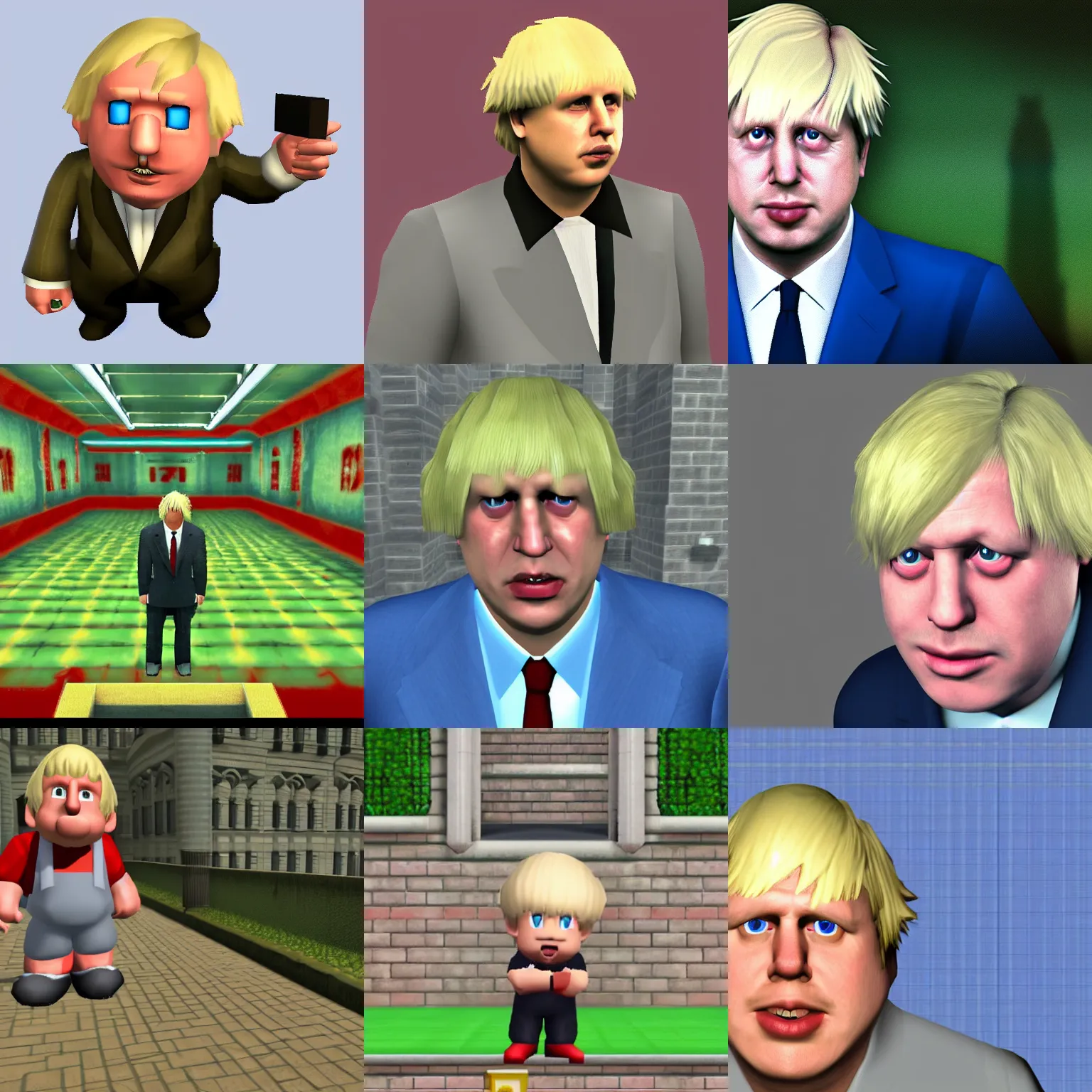 Prompt: Boris Johnson nintendo 64 ingame screenshot, by Miyamoto, low polycount, volumetric lighting, prerendered graphics