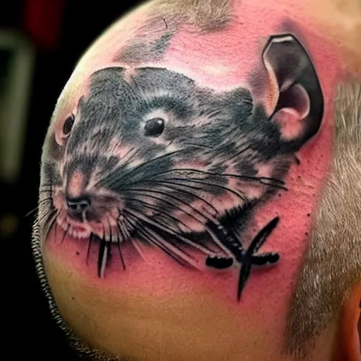 Prompt: an 8 k hdr ultra realistic photo of a contemporary award winning rat tattoo on an old man ’ s bald head