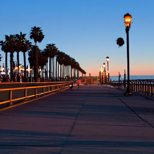 Prompt: on bikepath in santa monica with a view of the pier at dusk with the sunset of the santa monica moutians in the background