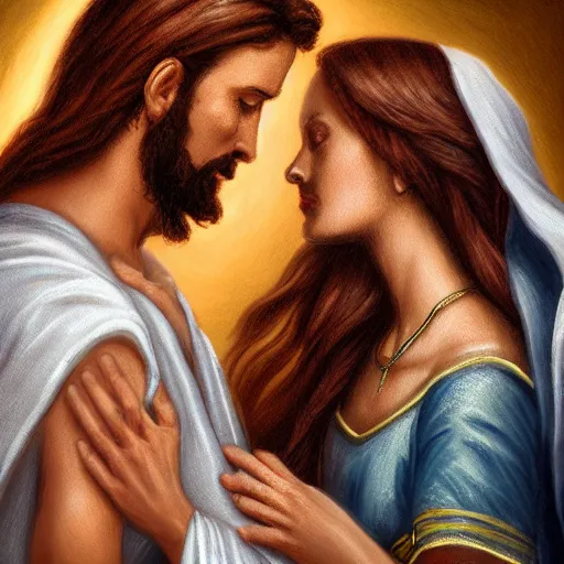 Image similar to jesus kissing a sensual woman in jerusalem, elegant, highly detailed, digital painting, artstation, concept art, matte, sharp focus, highly detailed, 4 k, hdr, smooth, sharp focus, high resolution, award - winning photo, photorealistic large shot