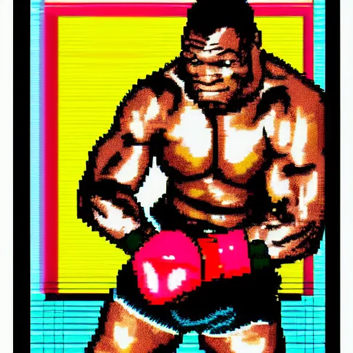 Prompt: 8 - bit artwork in the style of mike tyson's punch for nintendo of mike tyson fighting evander holyfield