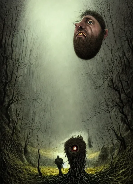 Prompt: gediminas pranckevicius | full body of a monster in the sinister valley of despair, sinister infinite eyes, pustules beard, rugged face, droping poping eye,, oil painting by tomasz jedruszek, cinematic lighting, pen and ink, intricate line, hd, 4 k, million of likes, trending on artstation pus