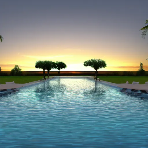 Prompt: a sunset in the swimming pool, digital art