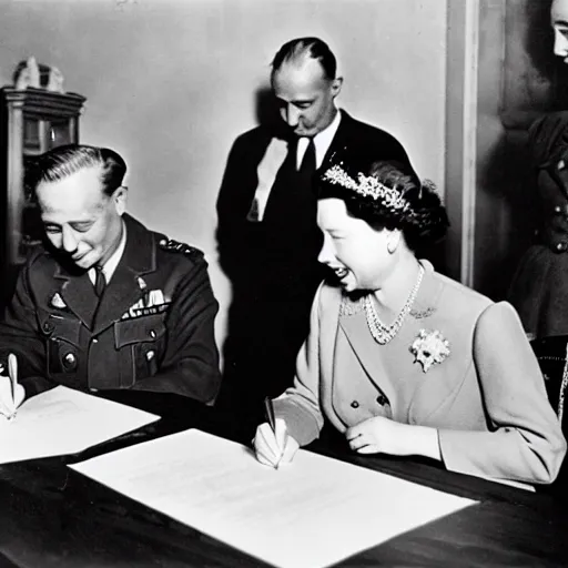 Prompt: 5 0 mm 1 9 4 6 historical photo, of a single general and a young queen elizabeth signing a peace treaty, a cute corgi watches from above, french village interior, highly detailed, sharp focus, symmetrical face