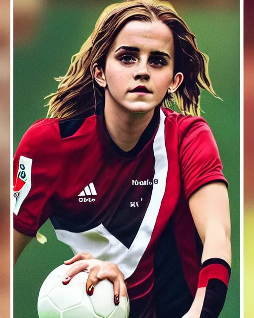 Image similar to a portrait of emma watson as a lokomotiv football player, hyper realistic