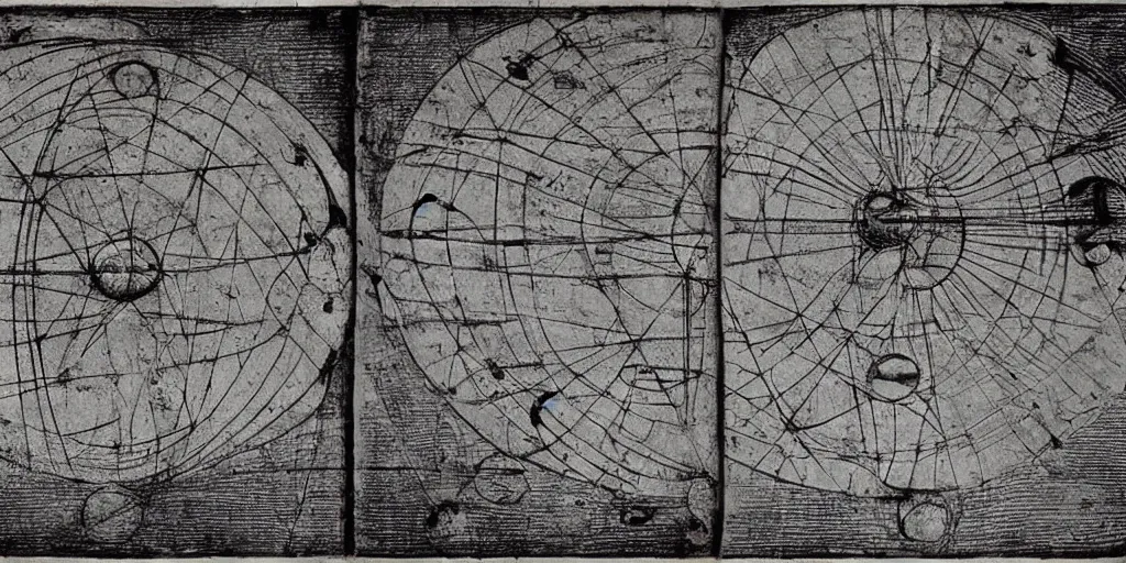 Prompt: a set of ancient diagrams describing the inner workings of an advanced alien propulsion system. by leonardo da vinci.