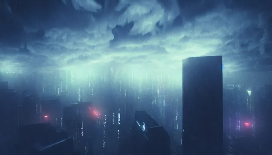 Image similar to man in sky falling through clouds over a dark cyberpunk city, digital art, volumetric lighting, dystopia, artstation, concept art, painting