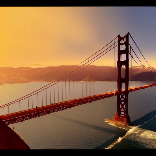 Prompt: golden gate bridge at sunset by Thomas Kinkade, Greg Rutkowski. trending on artstation, Unreal Engine, cgsociety, deviantart, 8k render