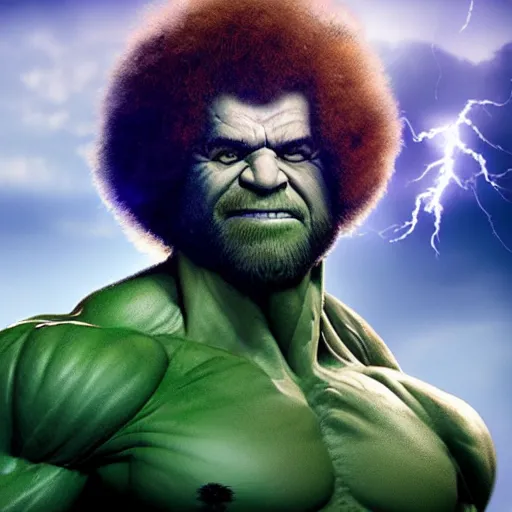 Image similar to photomanipulation of BOB ROSS as hulk, marvel, fully detailed, volumetric lightening, octane render