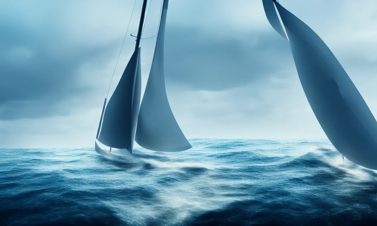 Image similar to sailing yacht breaking wave at open sea , by national geographic blue earth, high speed photography, artstation, octane render, 4k, moody colors, award winning photography, detailed, atmospheric lighting, volumetric lighting, concept art