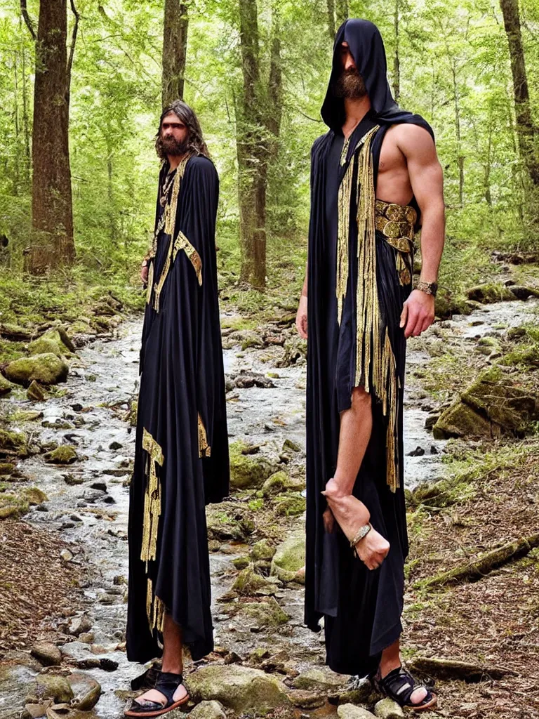 Prompt: full body shot longshot modern intricate textile ancient roman toga cloak long hair chiseled chin walking along the small creek in the woods versace gucci black gold