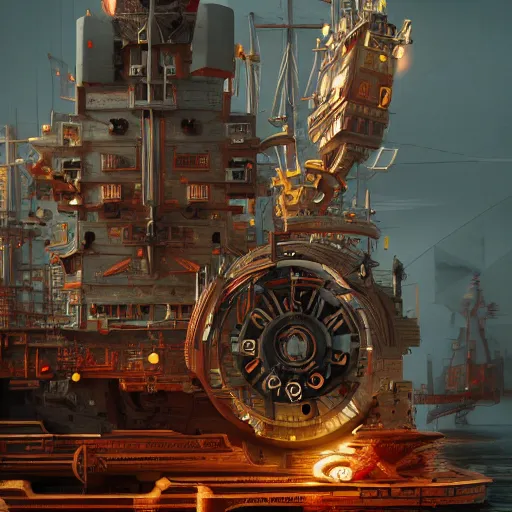 Image similar to A clockwork battleship, intricate artwork by Tooth Wu and wlop and beeple, octane render, hyper realism, 8k