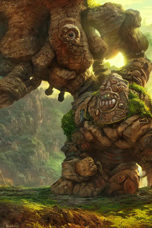 Image similar to zelda fantasy art giant golem troll wood rock greeble gemstone, global illumination ray tracing hdr fanart arstation by sung choi and eric pfeiffer and gabriel garza and casper konefal