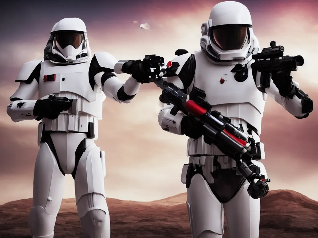 Image similar to space trooper in glossy sleek white armor with small red details, no helmet, long red cape, heroic posture, firing laser rifle, on the surface of mars, explosions in the background, night time, dramatic lighting, cinematic, sci-fi, hyperrealistic, movie still