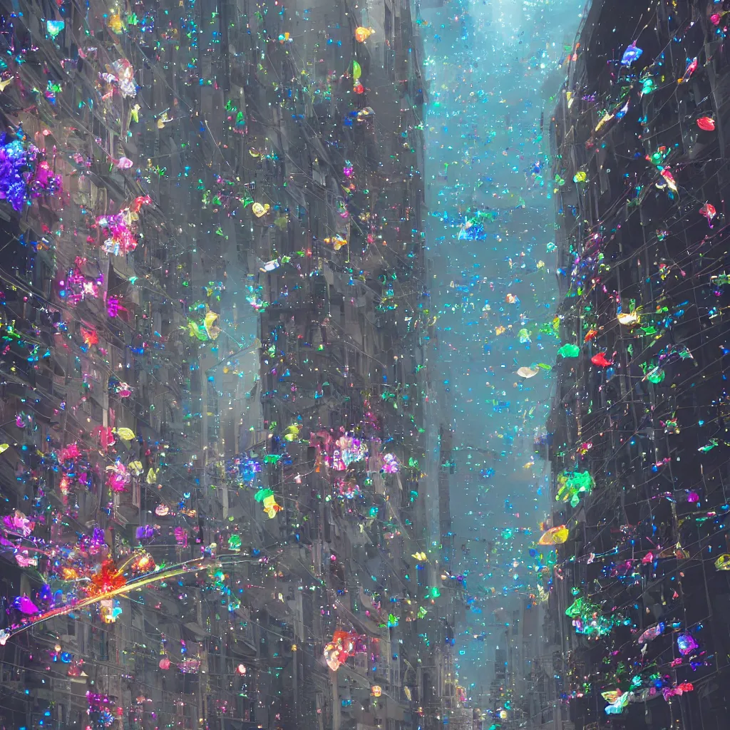 Image similar to a translucent spaceship made of microscopic, multi-colored glitter flies above a narrow street in a cyberpunk city of the future