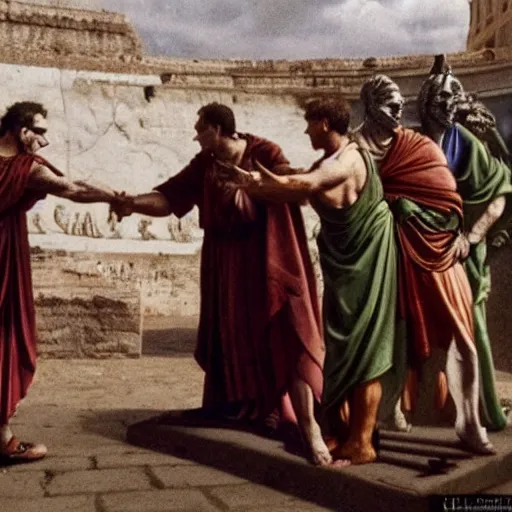 Image similar to cinematic shot of the joker shaking hands with julius caesar in ancient rome, 8 k, very detailed, very intricate,