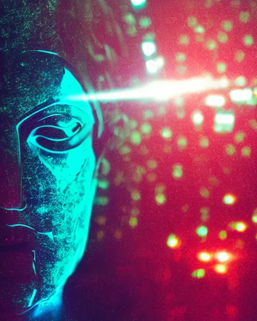 Prompt: dramatic cyberpunk portrait of a metallic marble statue, crystalline, red glow, green glow, blue glow, atmospheric haze, intense shading, chromatic aberration, glitch, backlit, bokeh, centered