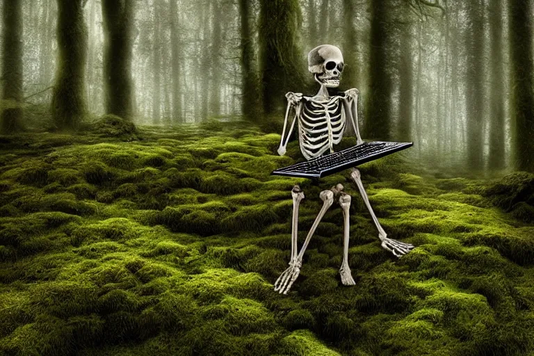 Prompt: human skeleton behind computer overgrown with moss, in forest, dark atmosphere, fantasy illustration, digital art