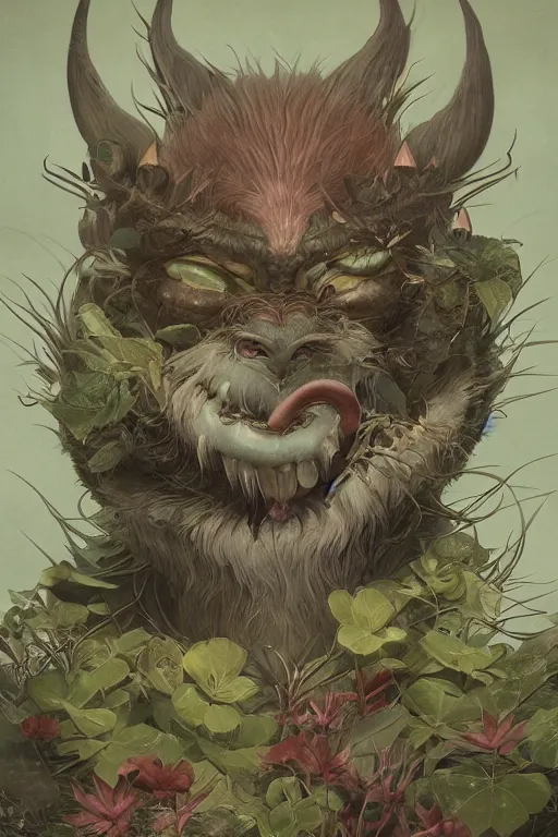 Prompt: a portrait of a plant japanese devil animal illustrated by miyazaki by karol bak, james jean, tom bagshaw, rococo, sharp focus, trending on artstation, cinematic lighting, hyper realism, octane render, 8 k, hyper detailed, vivid, ultra detailed, highly detailed