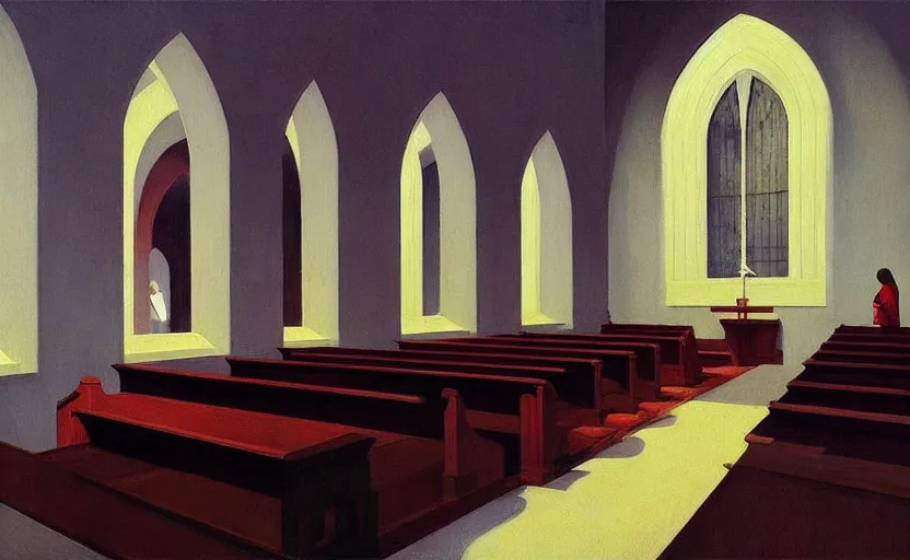 Prompt: inside a church with womens praying wearin black dress, very coherent, painted by Edward Hopper, Wayne Barlowe, painted by James Gilleard, airbrush, art by JamesJean