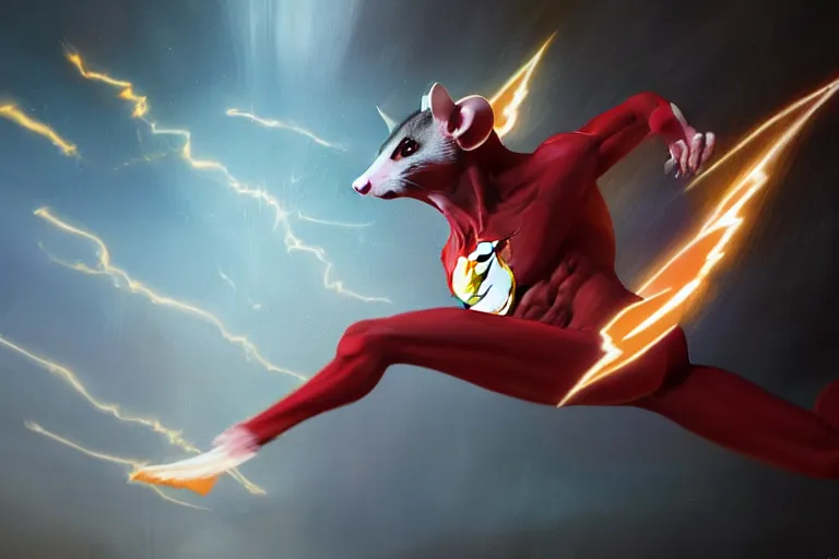 Image similar to a stunning digital painting of a opossum as the flash in spandex costume, running in the speedforce by greg rutkowski, volumetric light, digital art, fine detail, photorealistic