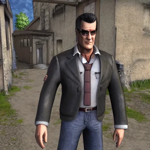 Prompt: a screenshot of bruce campbell in resident evil village. 3 d rendering. unreal engine. amazing likeness. very detailed. cartoon caricature