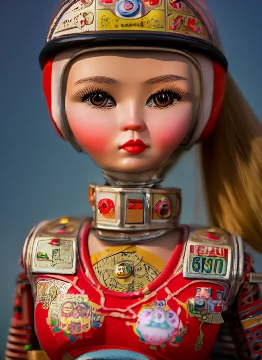 Image similar to closeup profile portrait of tin toy russian girl soviet test pilot, bikini, depth of field, zeiss lens, detailed, symmetrical, centered, fashion photoshoot, by nicoletta ceccoli, mark ryden, lostfish, breathtaking, 8 k resolution, extremely detailed, beautiful, establishing shot, artistic, hyperrealistic, octane render