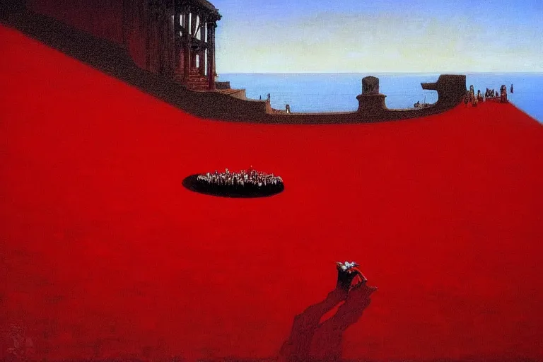 Image similar to only with red, a red great emperor, taormina amphitheatre, expressive crowd with big smile, in the style of beksinski, parts by edward hopper, parts by rodcenko, parts by yue minjun, intricate and epic composition, red by caravaggio, insanely quality, highly detailed, masterpiece, red light, artstation, 4 k